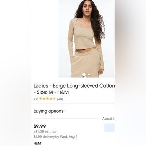 Beige H&M size small thin long sleeve shirt never worn new with tags.